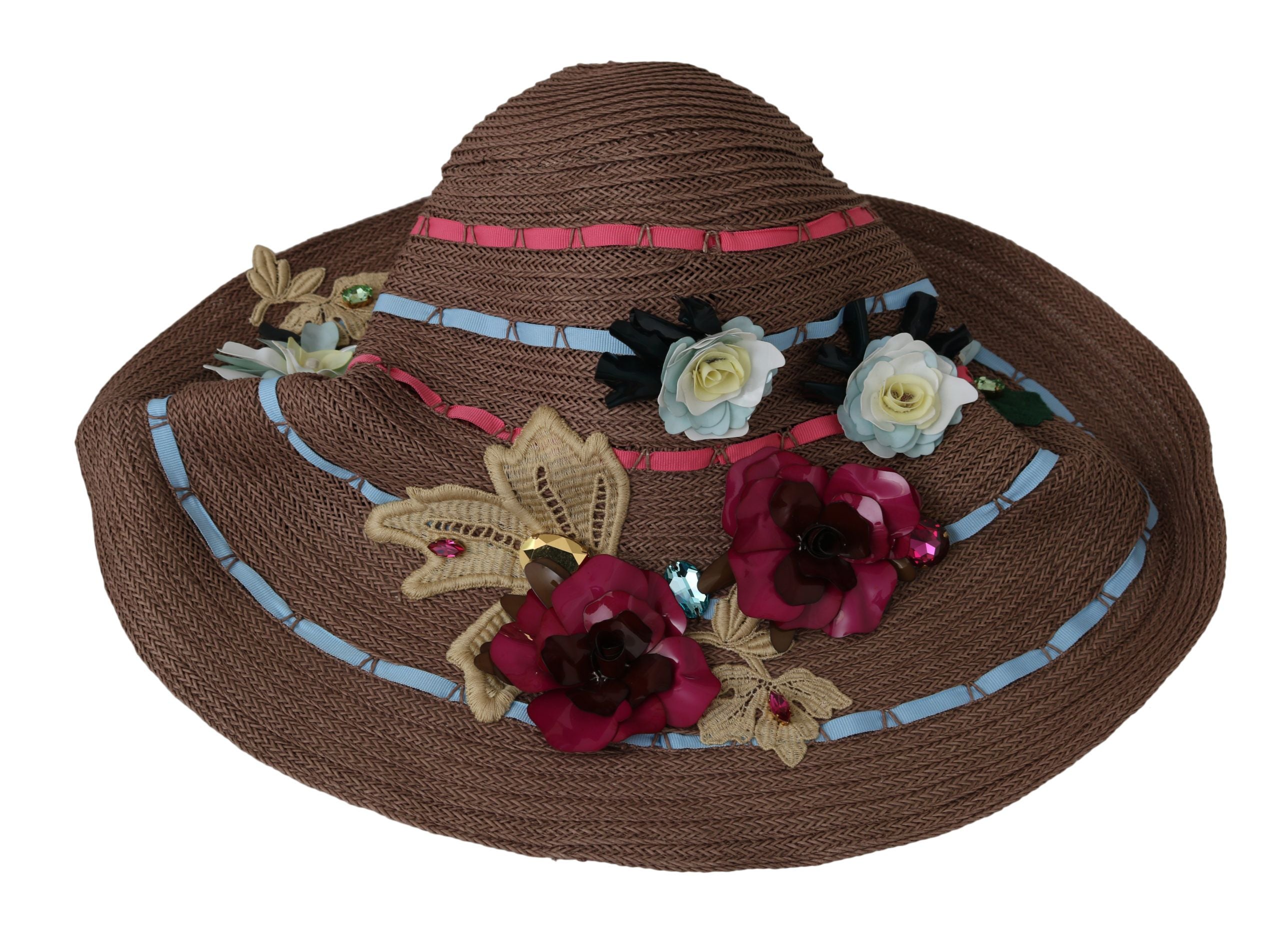 Dolce & Gabbana Brown Floral Wide Brim Straw Floppy Cap Women's Hat