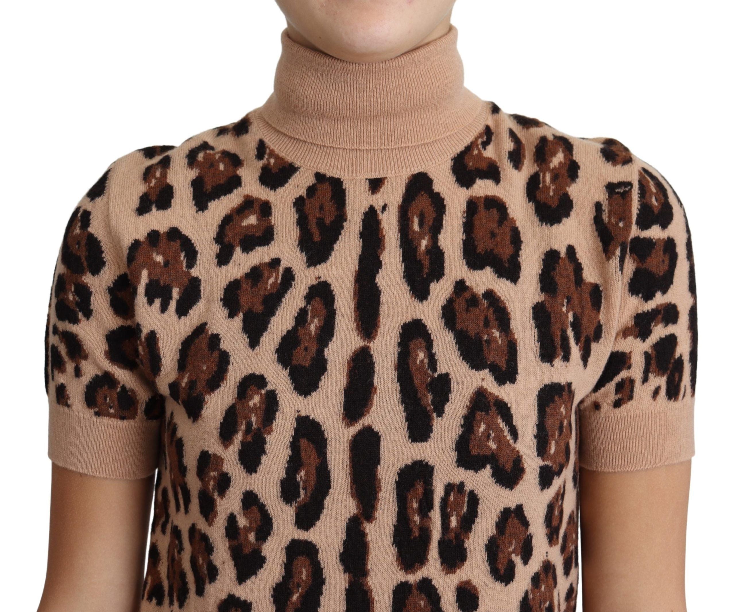 Dolce & Gabbana Beige Leopard Print Virgin Wool Turtleneck Women's Top
