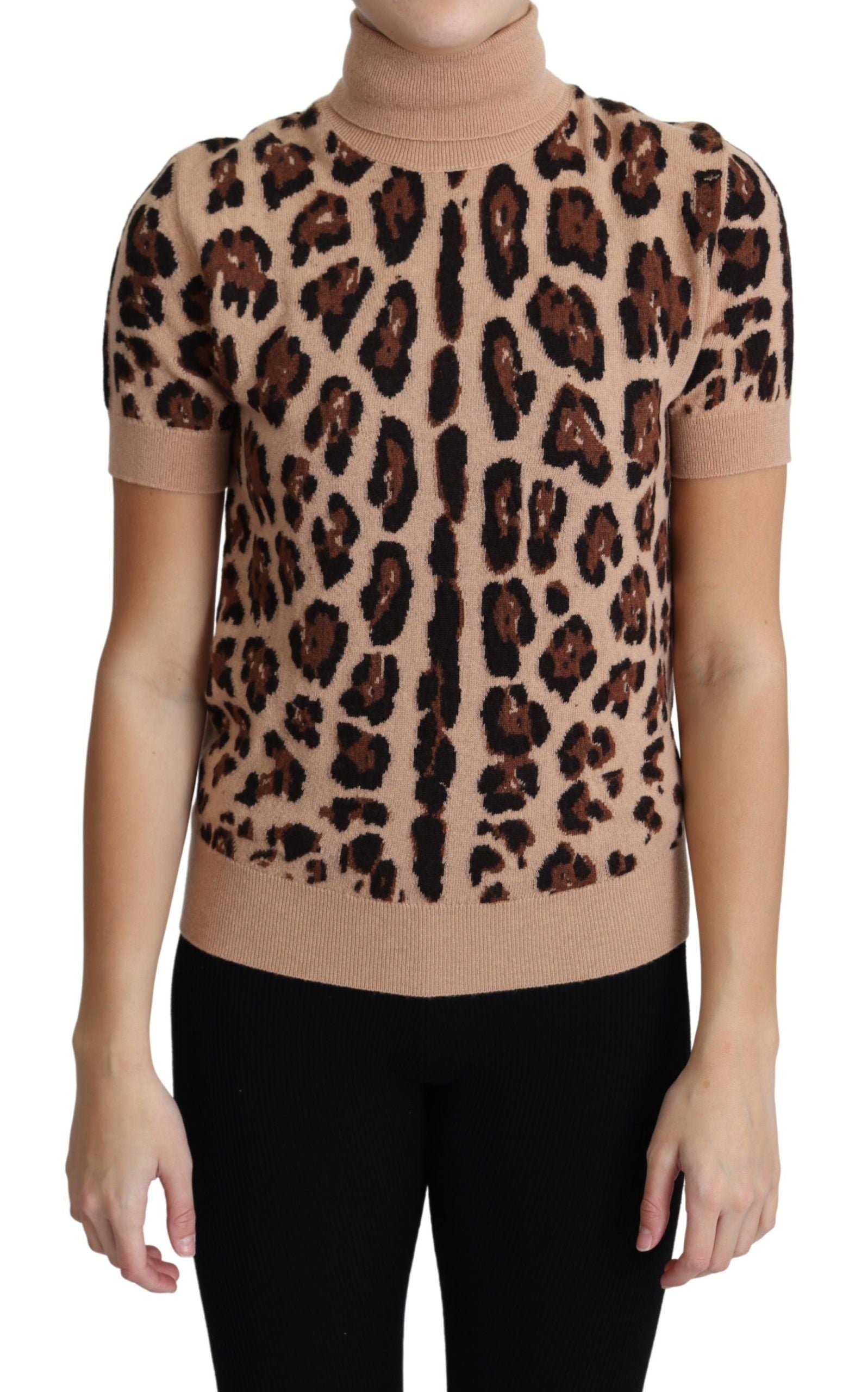 Dolce & Gabbana Beige Leopard Print Virgin Wool Turtleneck Women's Top