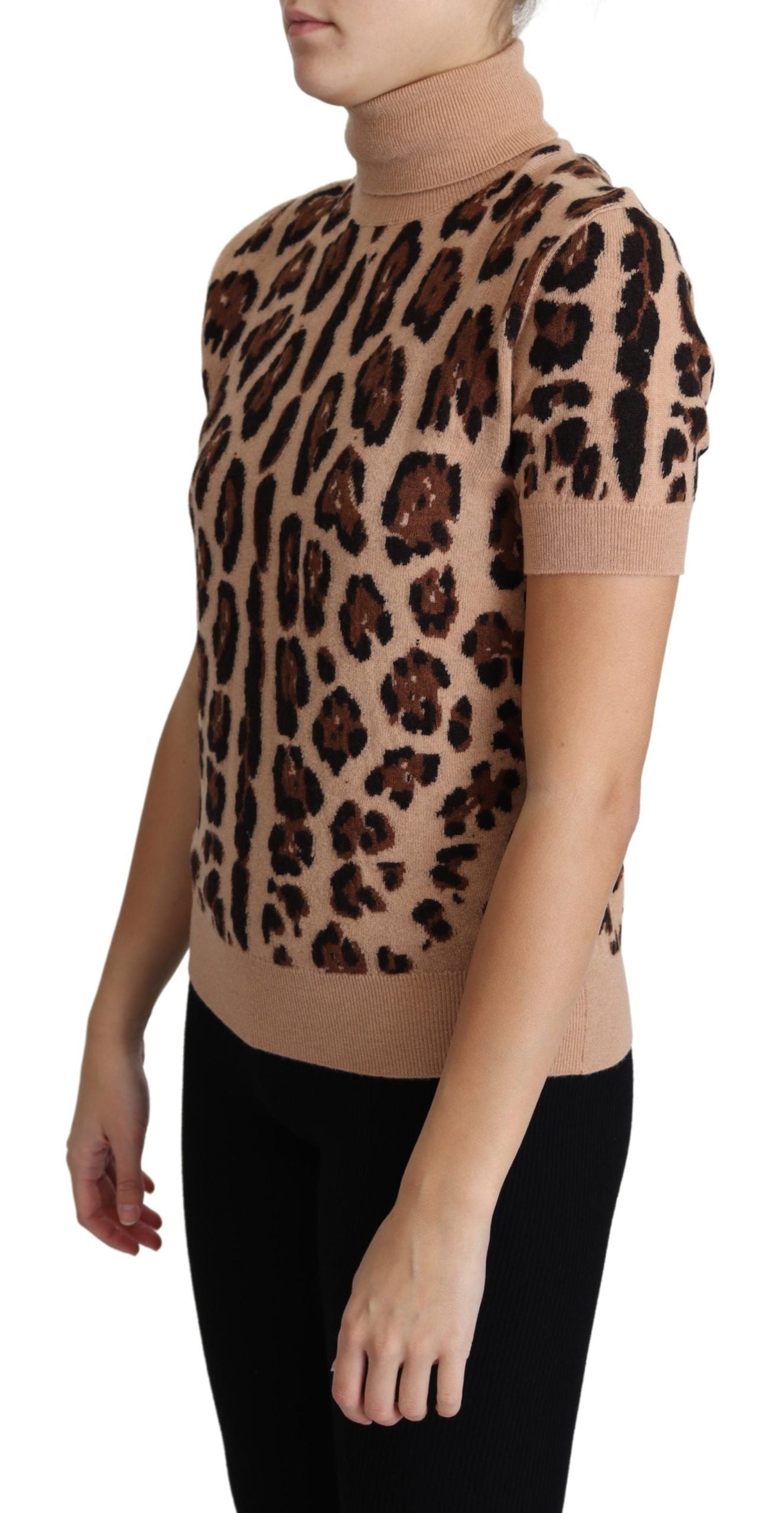 Dolce & Gabbana Beige Leopard Print Virgin Wool Turtleneck Women's Top