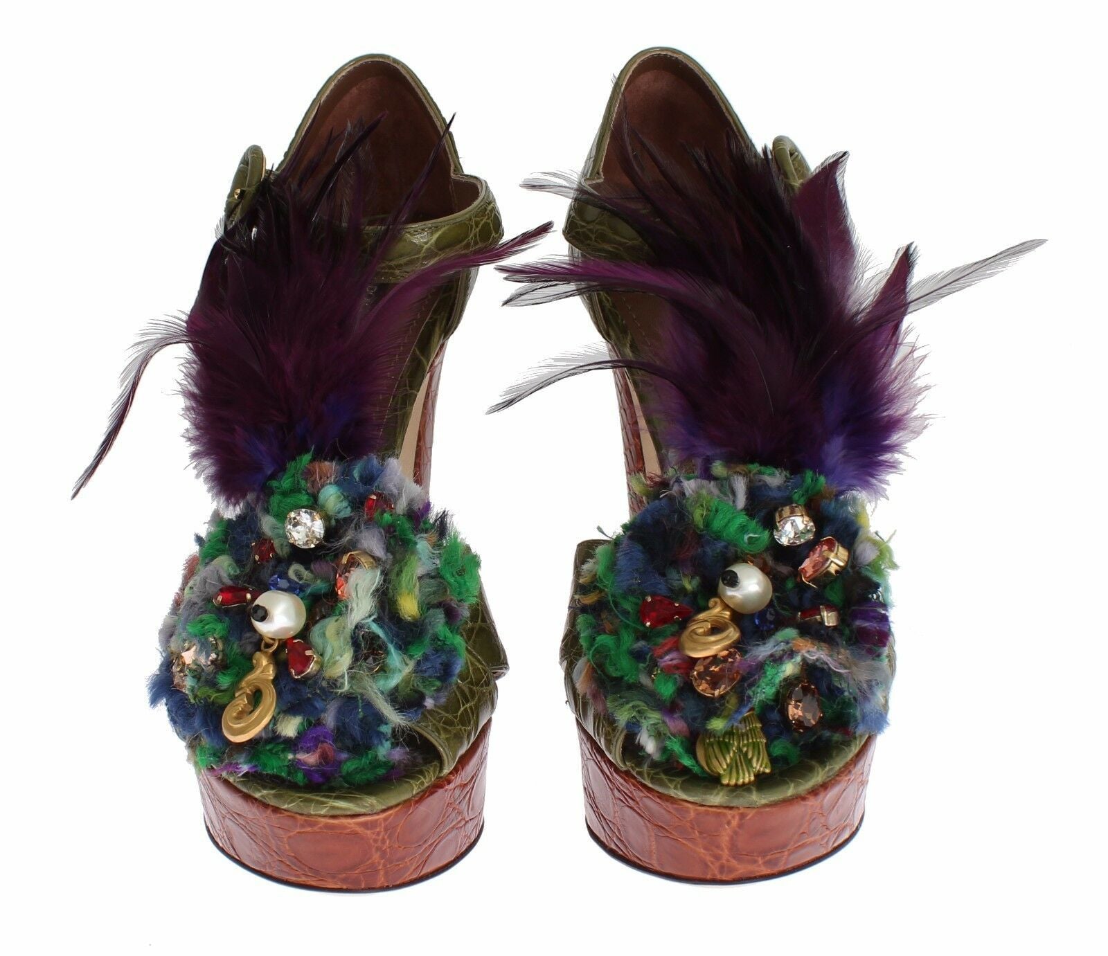 Dolce & Gabbana Green Leather Crystal Platform Sandal Women's Shoes
