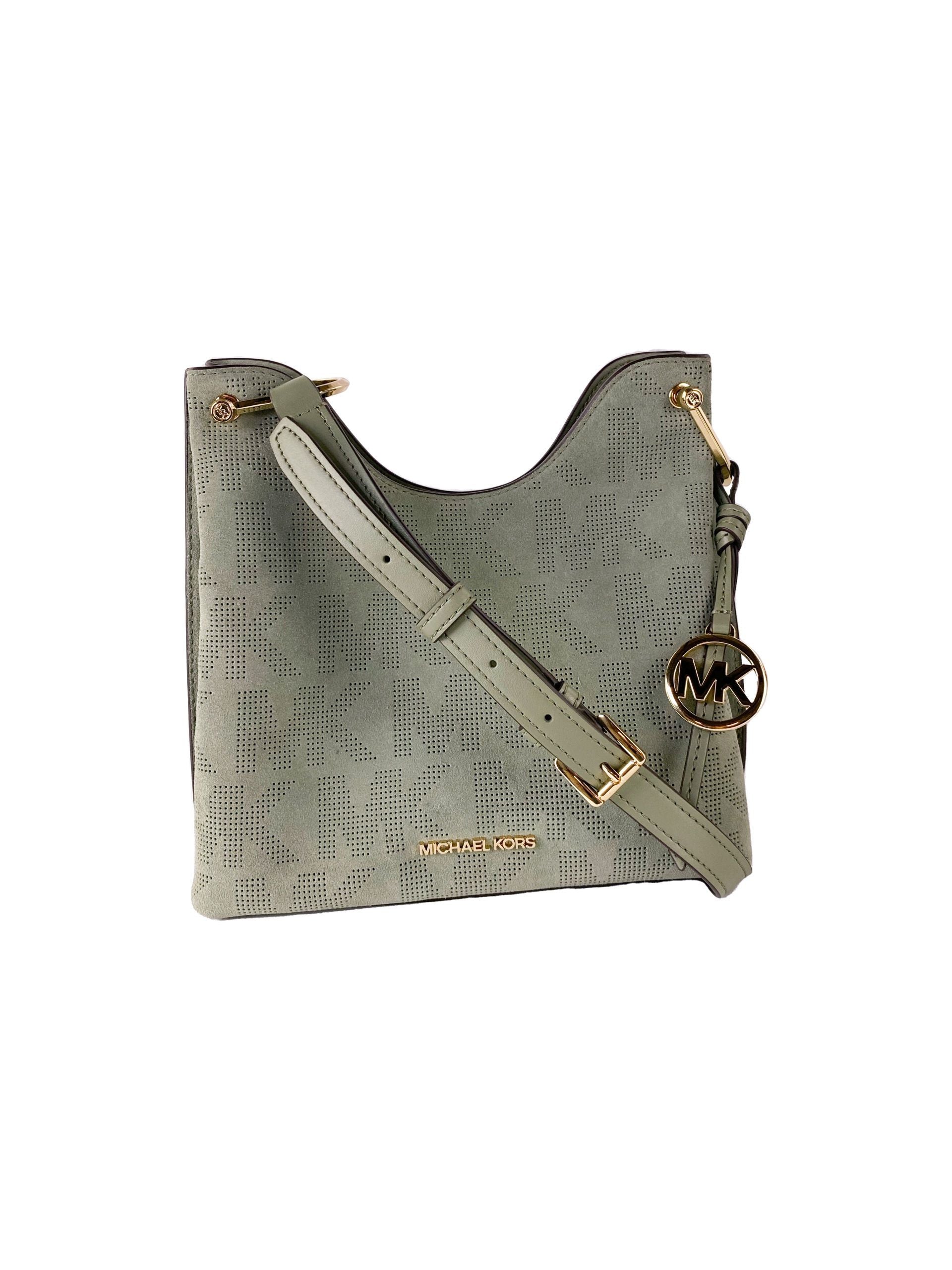 Michael Kors Joan Large Perforated Suede Leather Slouchy Messenger Handbag (Army Women's Green)