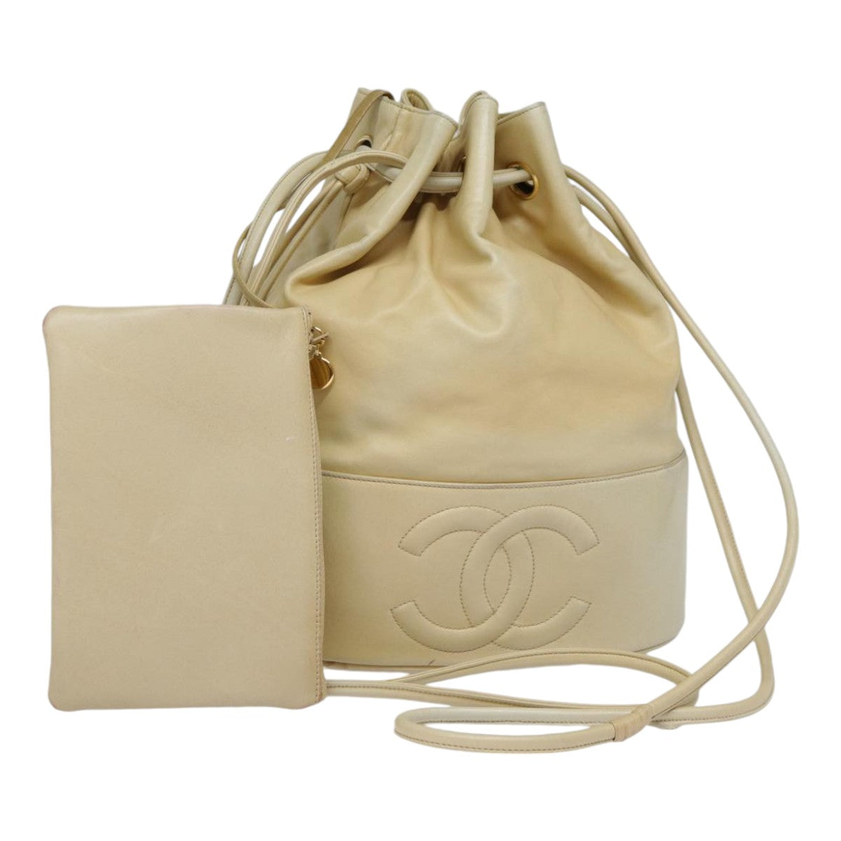 Chanel Logo Cc Beige Leather Shoulder Bag (Pre-Owned)