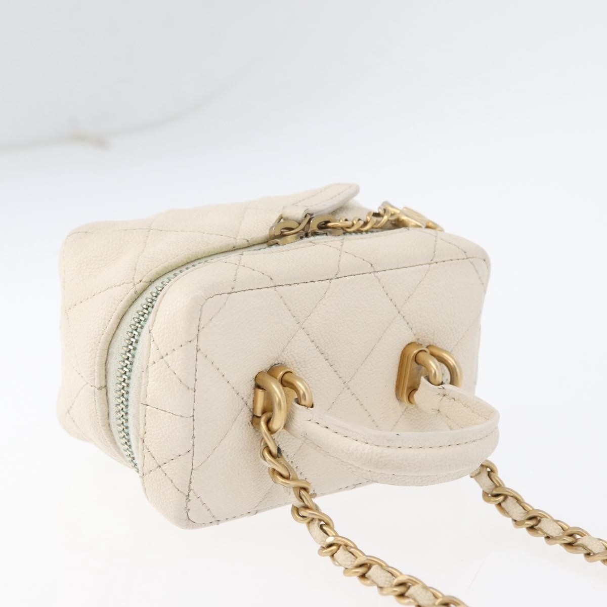 Chanel Top Handle Zip Around Vanity Case With Chain Quilted Caviar White Leather Handbag (Pre-Owned)