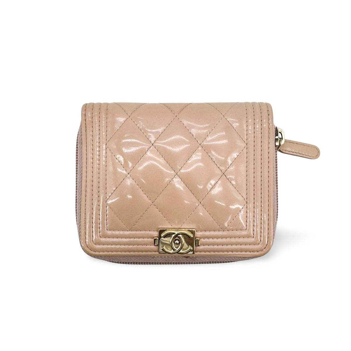 Chanel Boy Zip Around Quilted Patent Pink Patent_Leather Wallets Accessory (Pre-Owned)