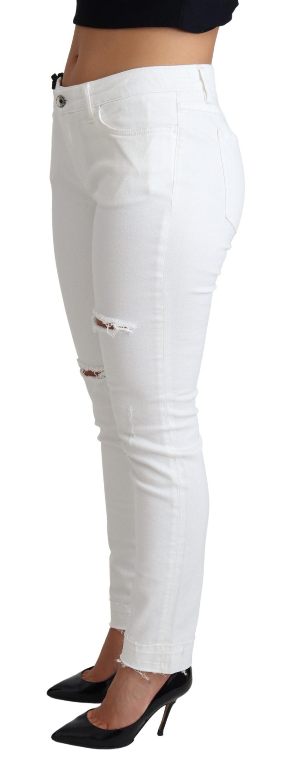 Dolce & Gabbana White Tattered Skinny Denim Cotton Stretch Women's Jeans