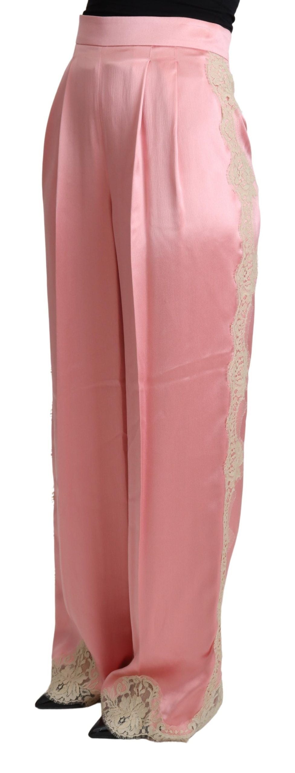 Dolce & Gabbana Pink Lace Trimmed Silk Satin Wide Legs Women's Pants
