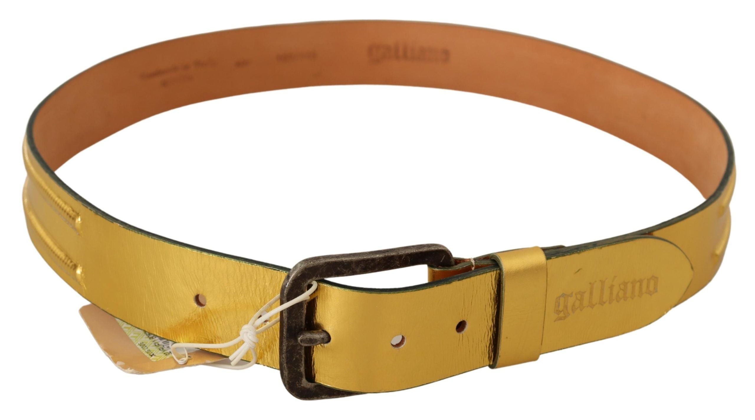 John Galliano Gold Genuine Leather Rustic Silver Buckle Waist Men's Belt