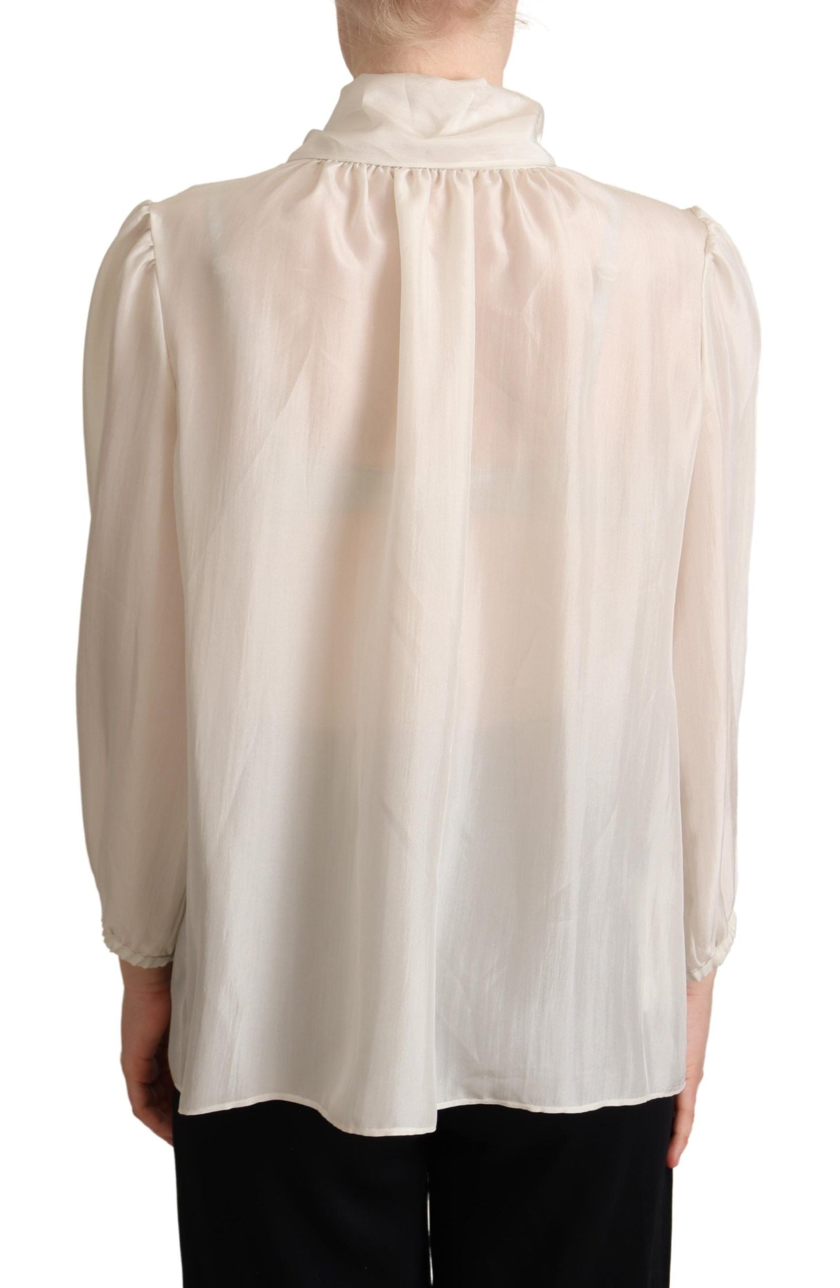 Dolce & Gabbana Light Gray Ascot Collar Shirt Silk Blouse Women's Top