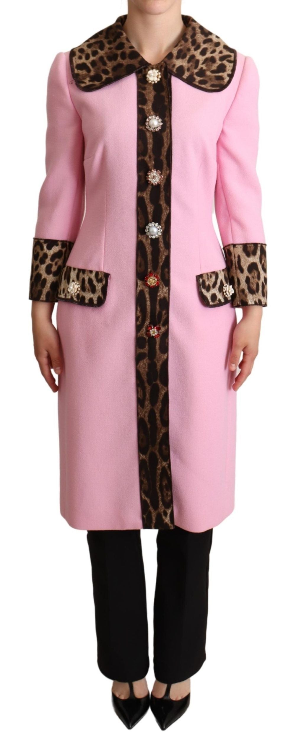 Dolce & Gabbana Chic Pink Leopard Trench with Crystal Women's Buttons