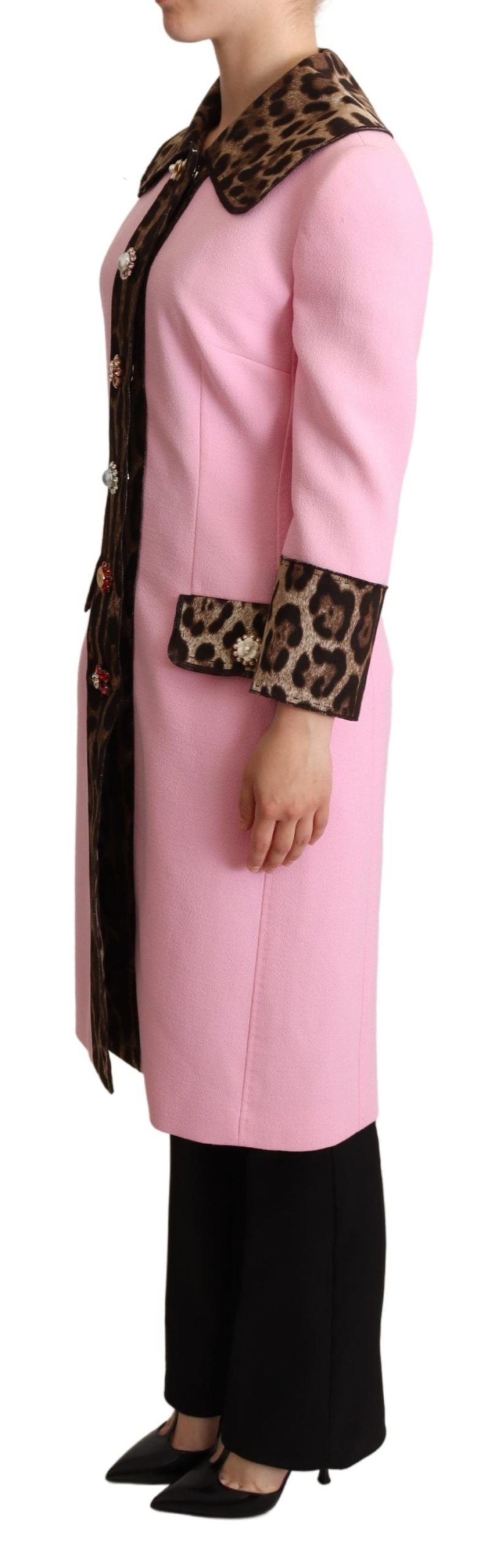 Dolce & Gabbana Chic Pink Leopard Trench with Crystal Women's Buttons