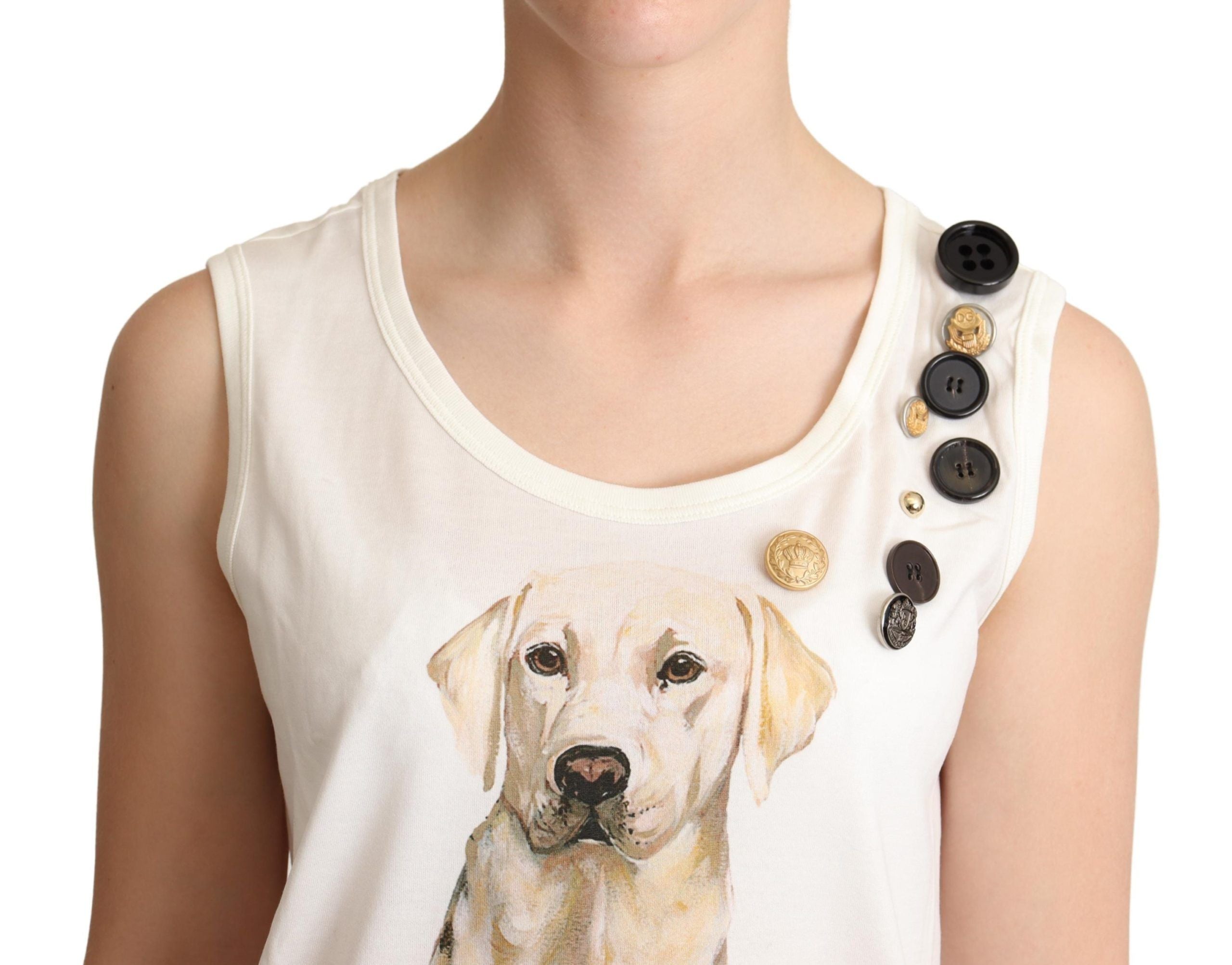 Dolce & Gabbana White Dog Floral Print Embellished  Women's T-shirt