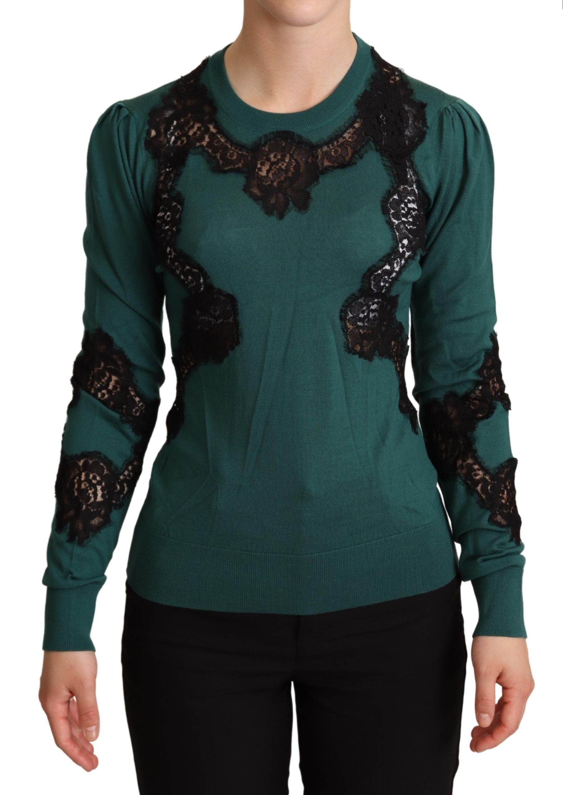 Dolce & Gabbana Elegant Green Pullover with Black Lace Women's Detail