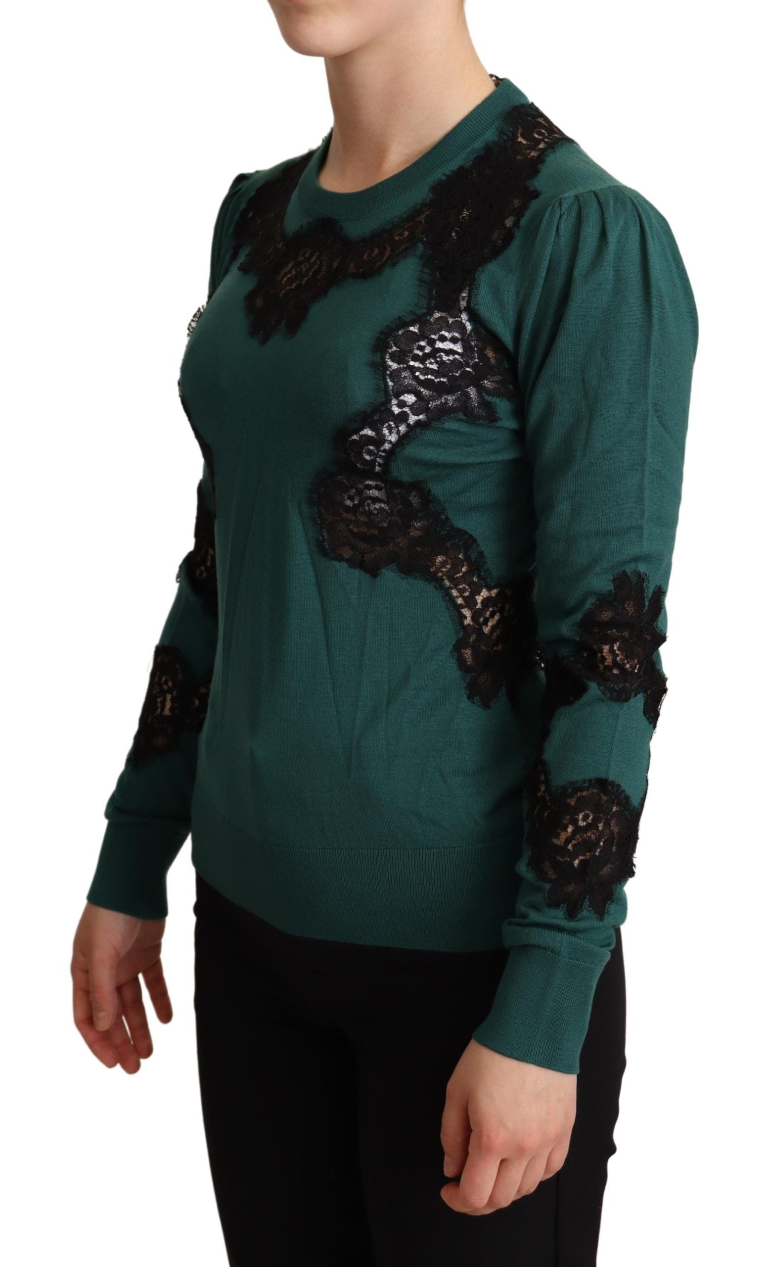 Dolce & Gabbana Elegant Green Pullover with Black Lace Women's Detail
