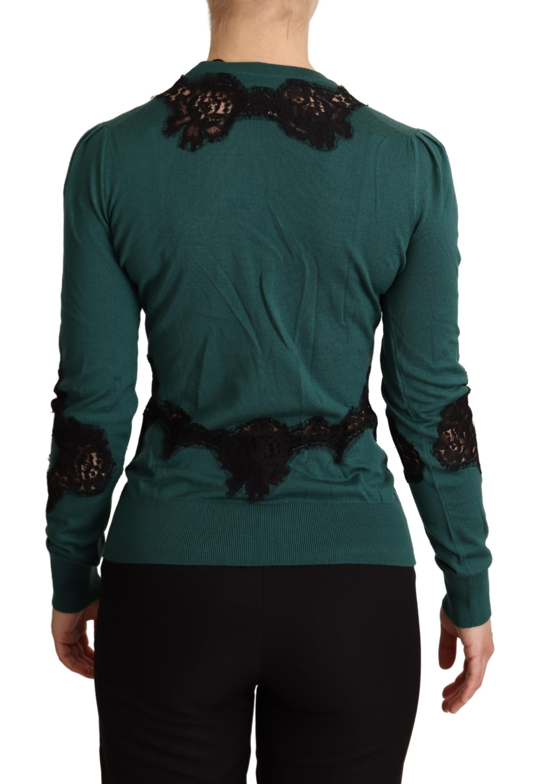 Dolce & Gabbana Elegant Green Pullover with Black Lace Women's Detail