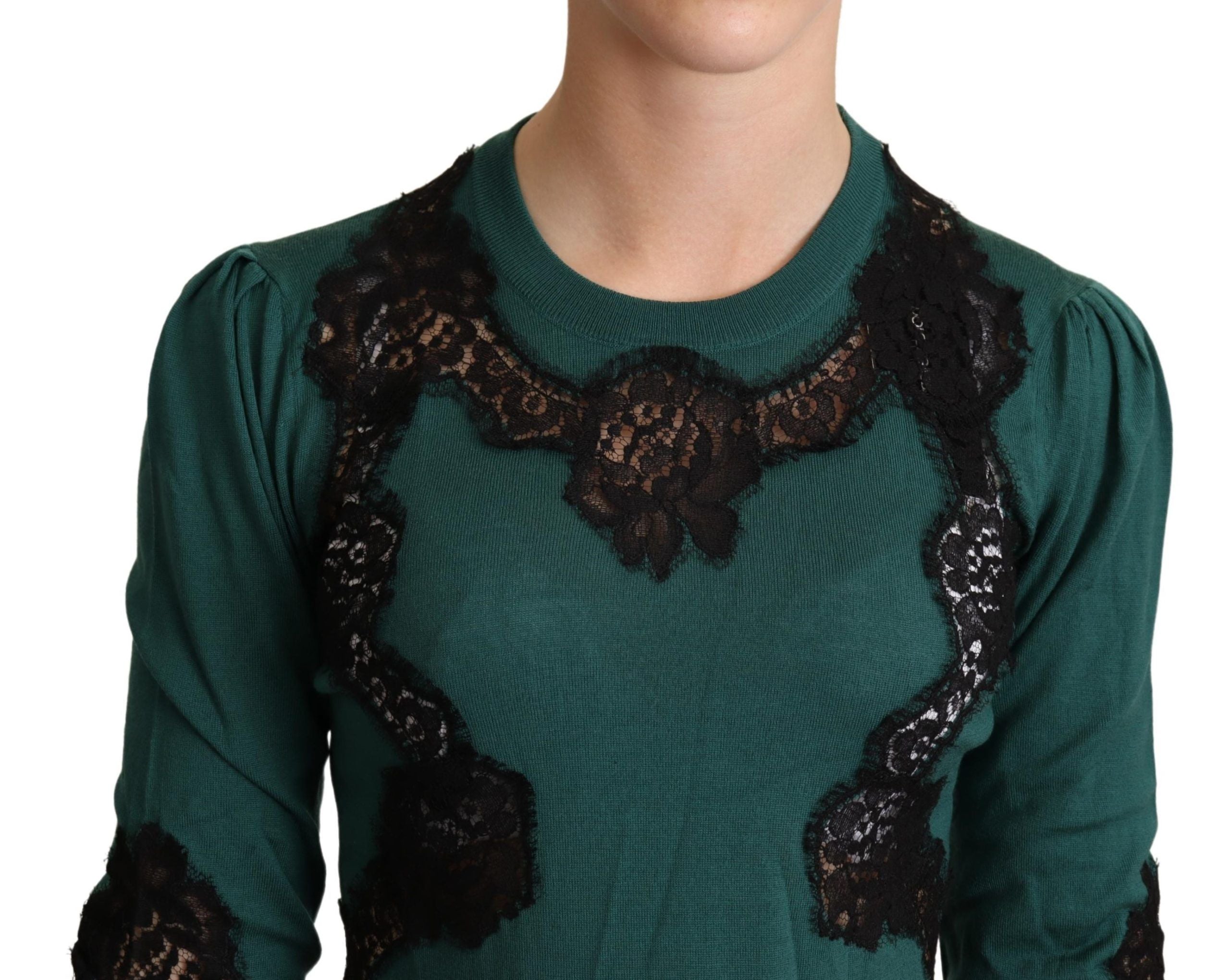 Dolce & Gabbana Elegant Green Pullover with Black Lace Women's Detail