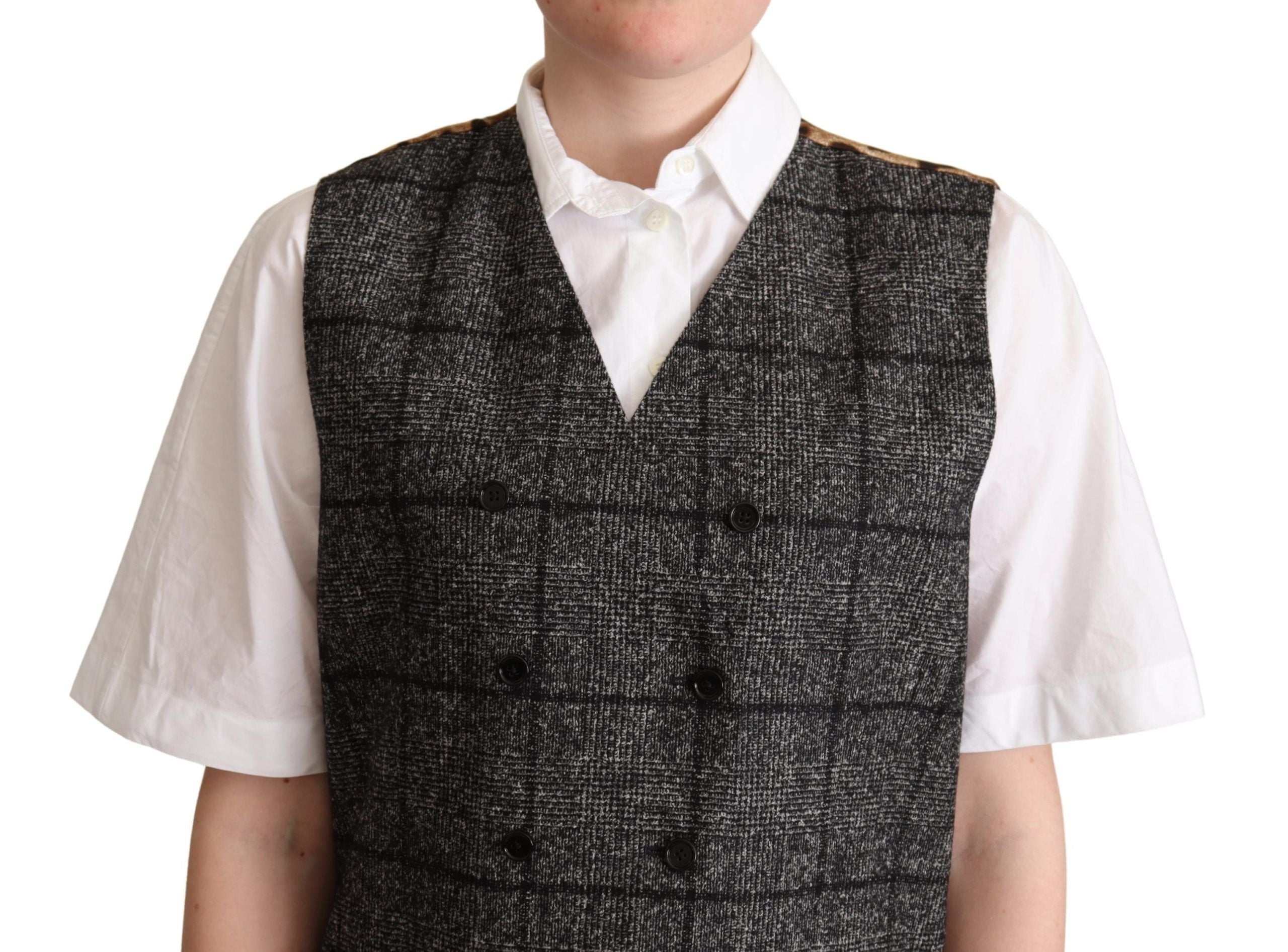 Dolce & Gabbana Gray Wool Leopard Print Waistcoat Women's Vest