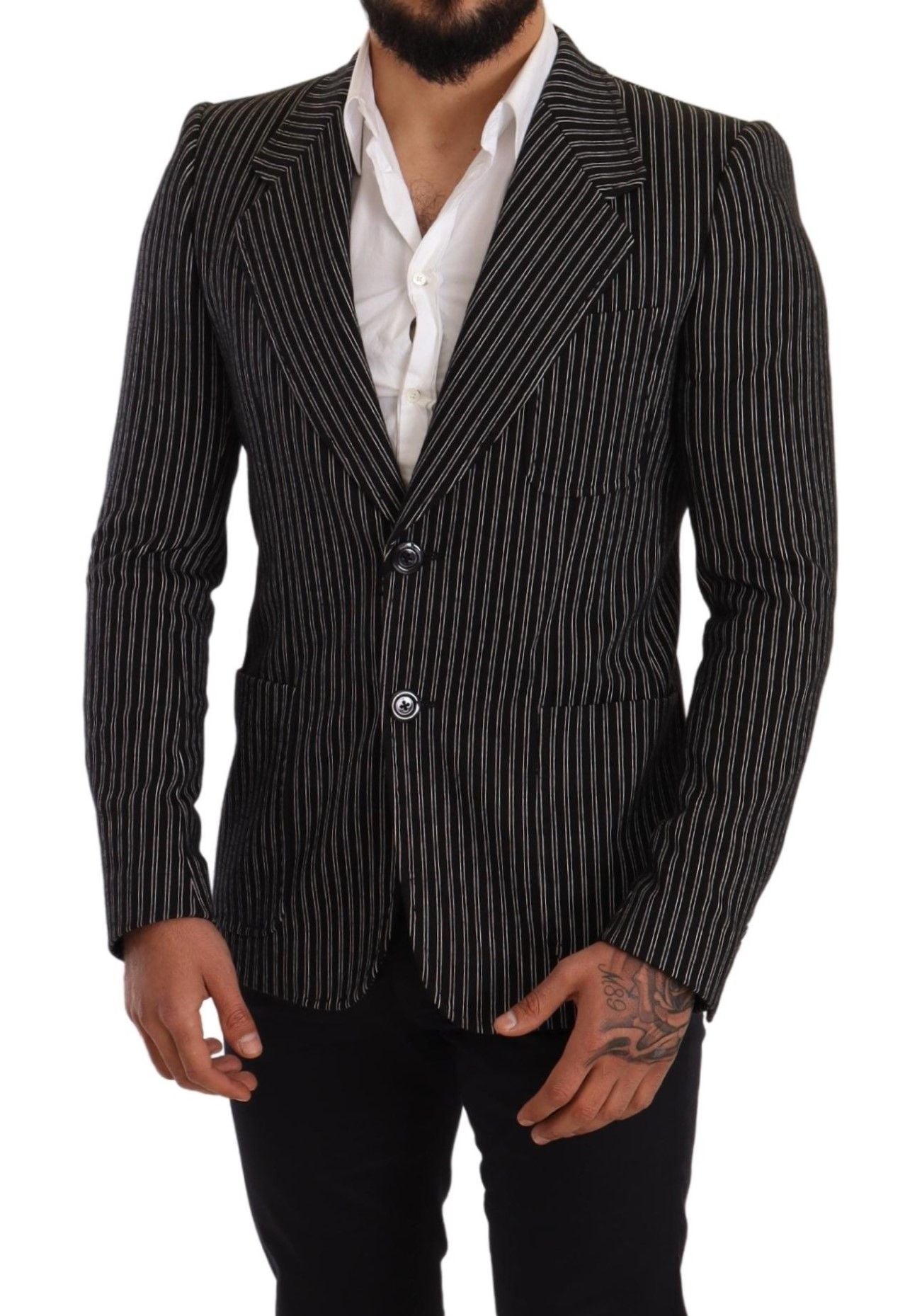 Dolce & Gabbana Black Striped Slim Fit Wool Coat Men's Blazer
