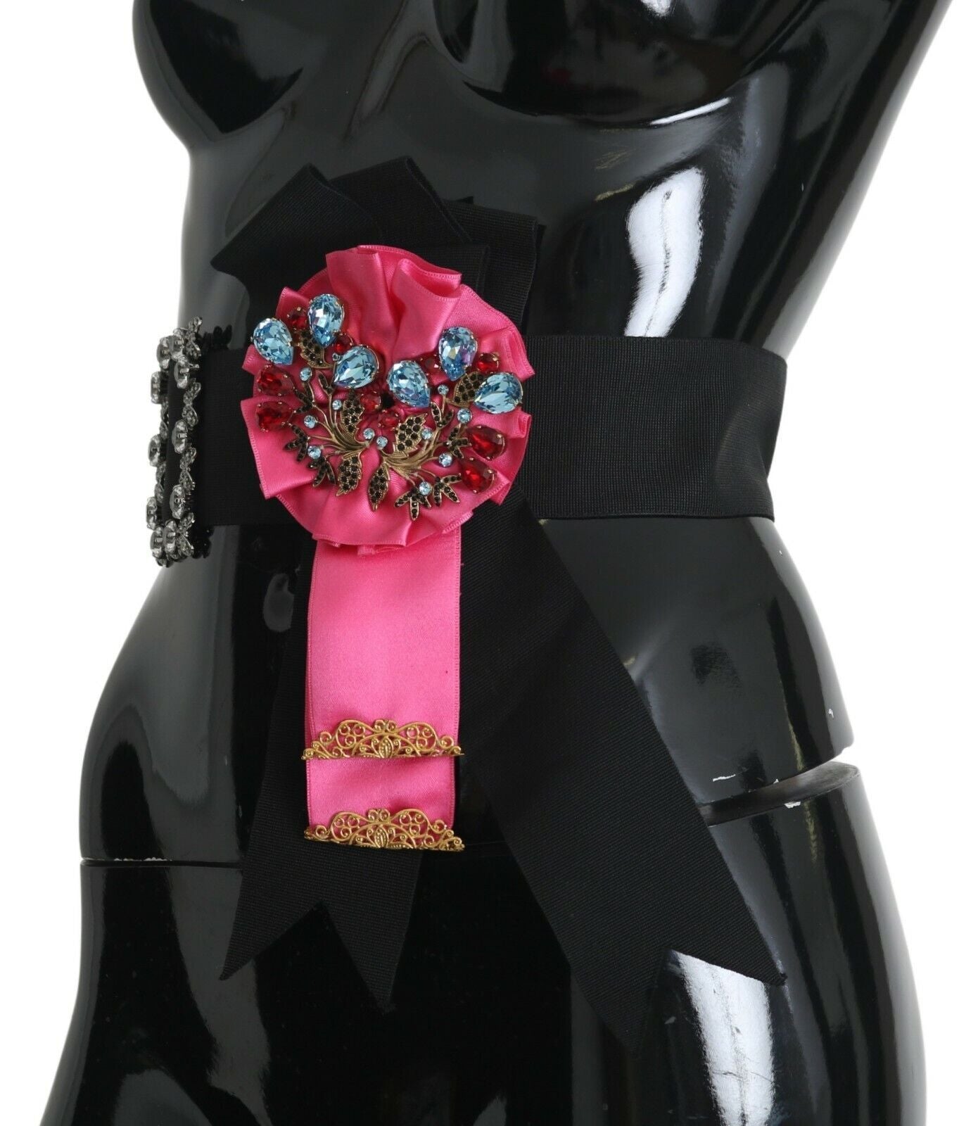 Dolce & Gabbana Black Pink Flower Brooch Crystals Cotton Women's Belt