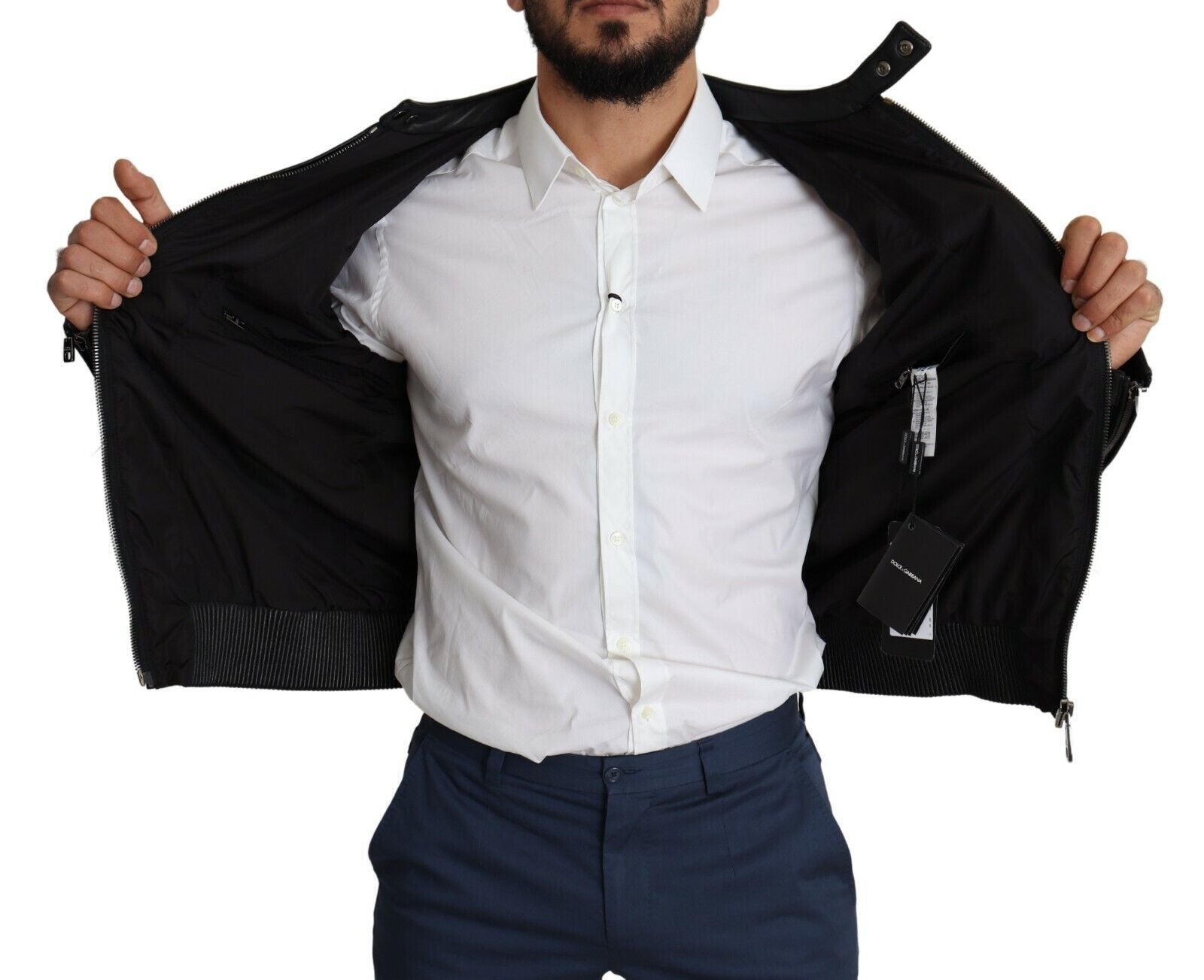 Dolce & Gabbana Elegant Black Bomber with Leather Men's Accents