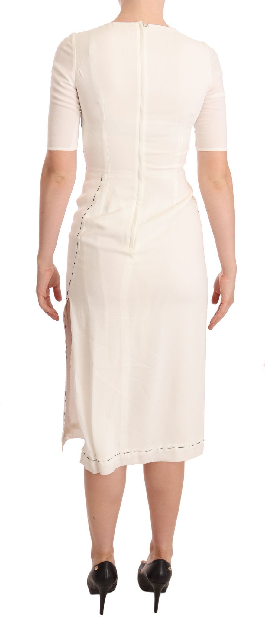 Dolce & Gabbana White Floral Printed Crepe Midi Slit Women's Dress