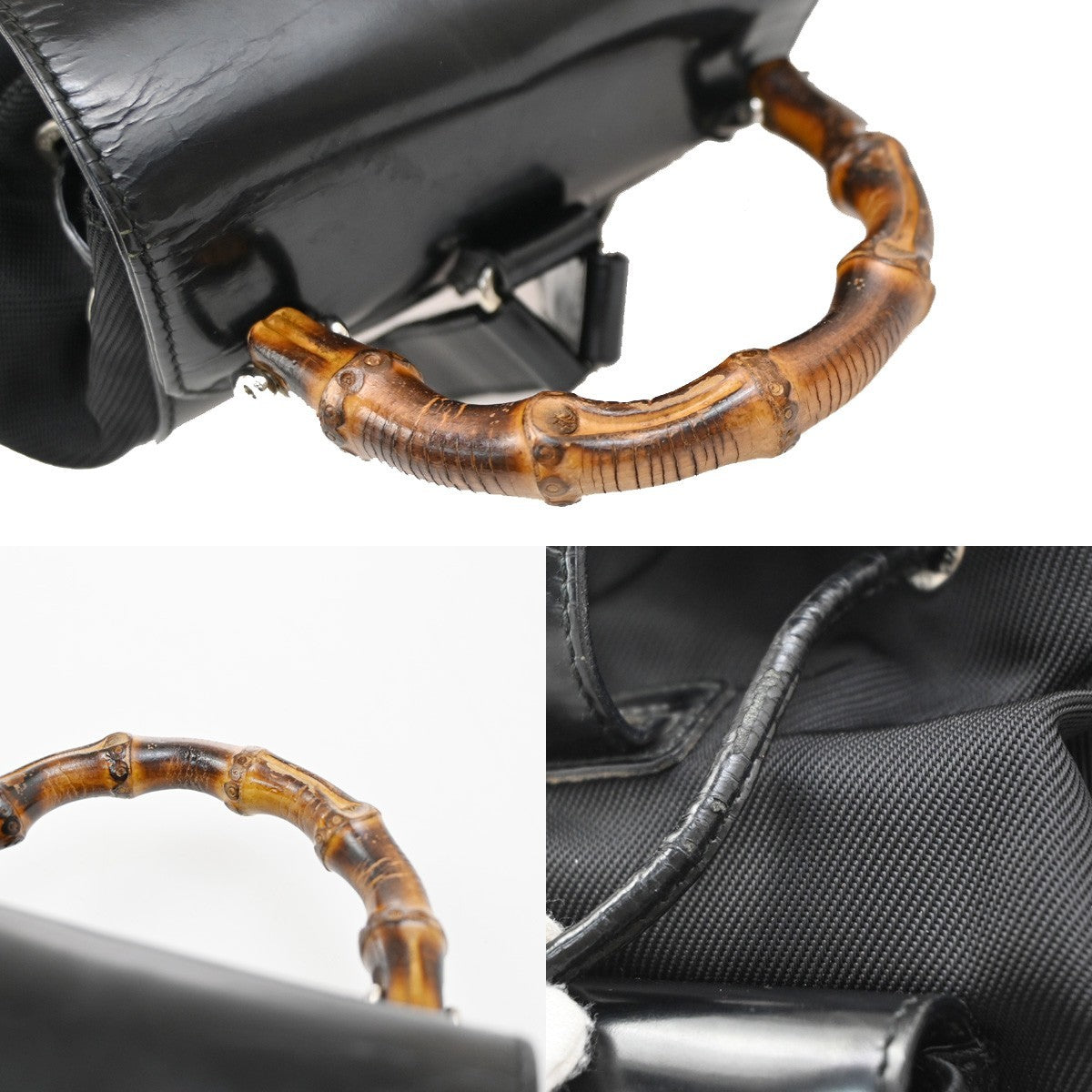 Gucci Vintage Bamboo Nylon And Patent Leather Black Nylon Backpack Bag (Pre-Owned)