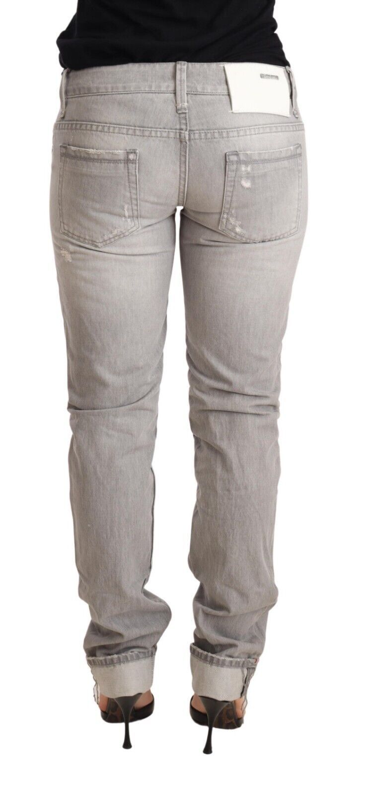 Acht Gray Tattered Cotton Slim Fit Folded Hem Women Denim Women's Jeans