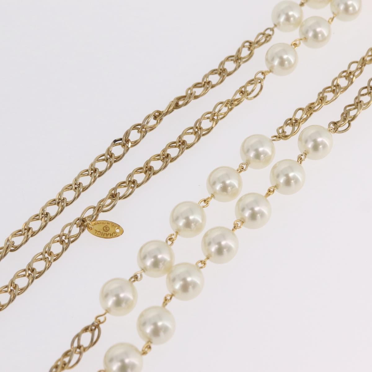 Chanel Vintage Double Pearl Station Long Chain Metal And Faux Pearls Gold Gold_Plated Necklace Jewelry (Pre-Owned)