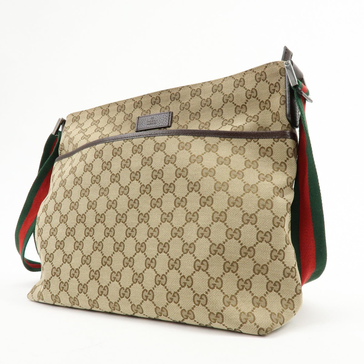 Gucci Web Strap Zip Messenger Gg Canvas Beige Canvas Handbag (Pre-Owned)