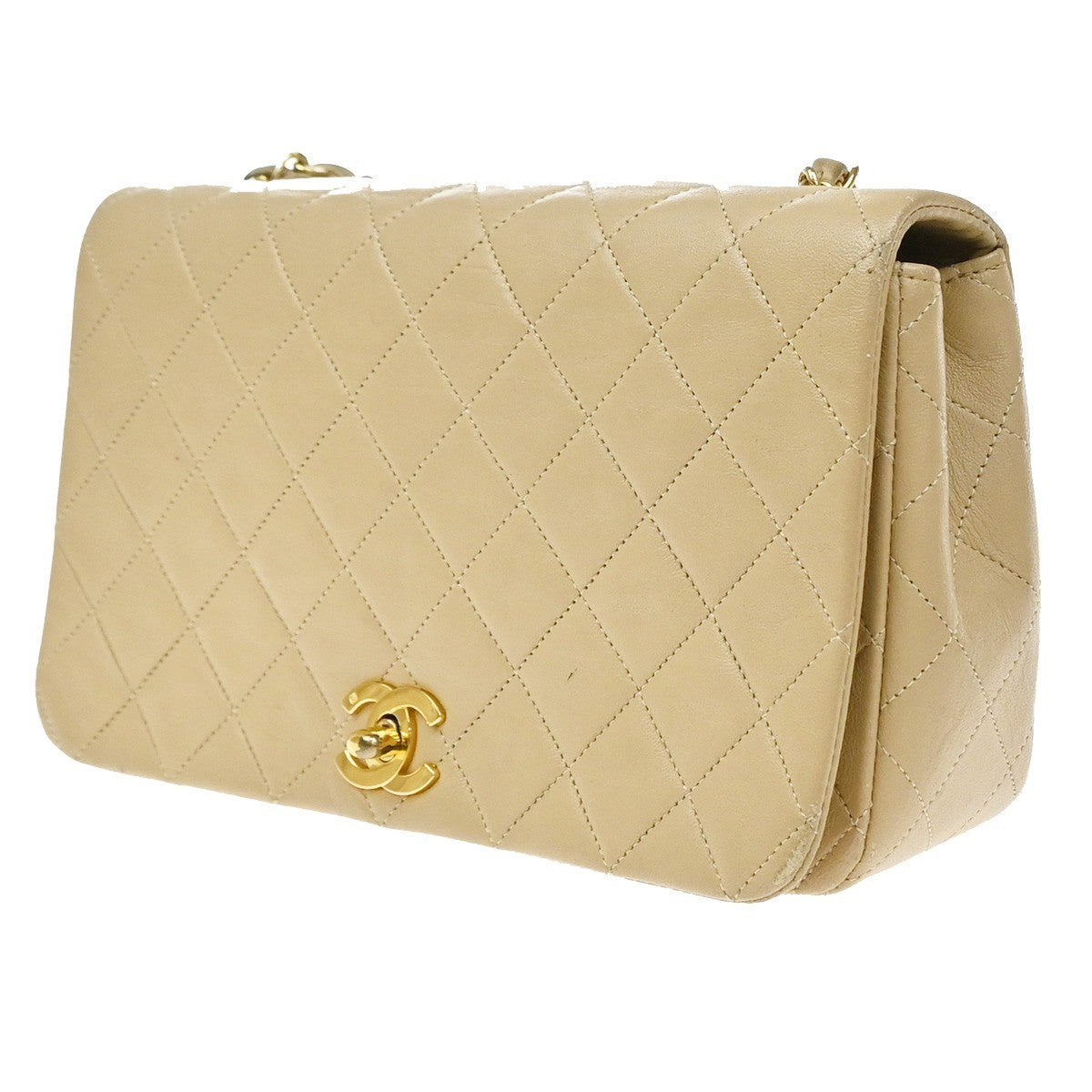 Chanel Vintage Full Flap Quilted Lambskin Beige Leather Shoulder Bag Bag (Pre-Owned)