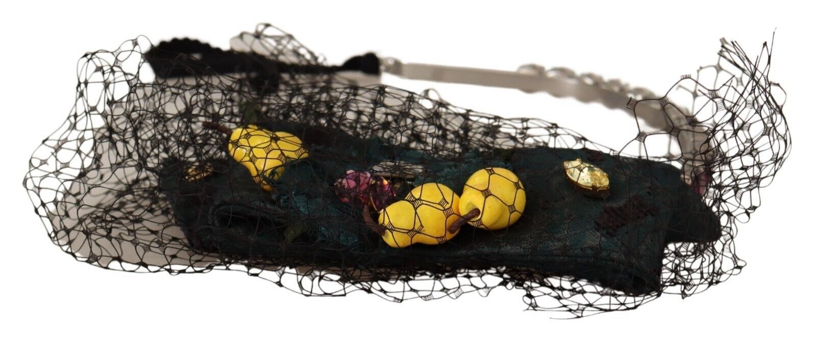 Dolce & Gabbana Silver Tiara Crystals Fruits Black Mesh Diadem Women's Headband