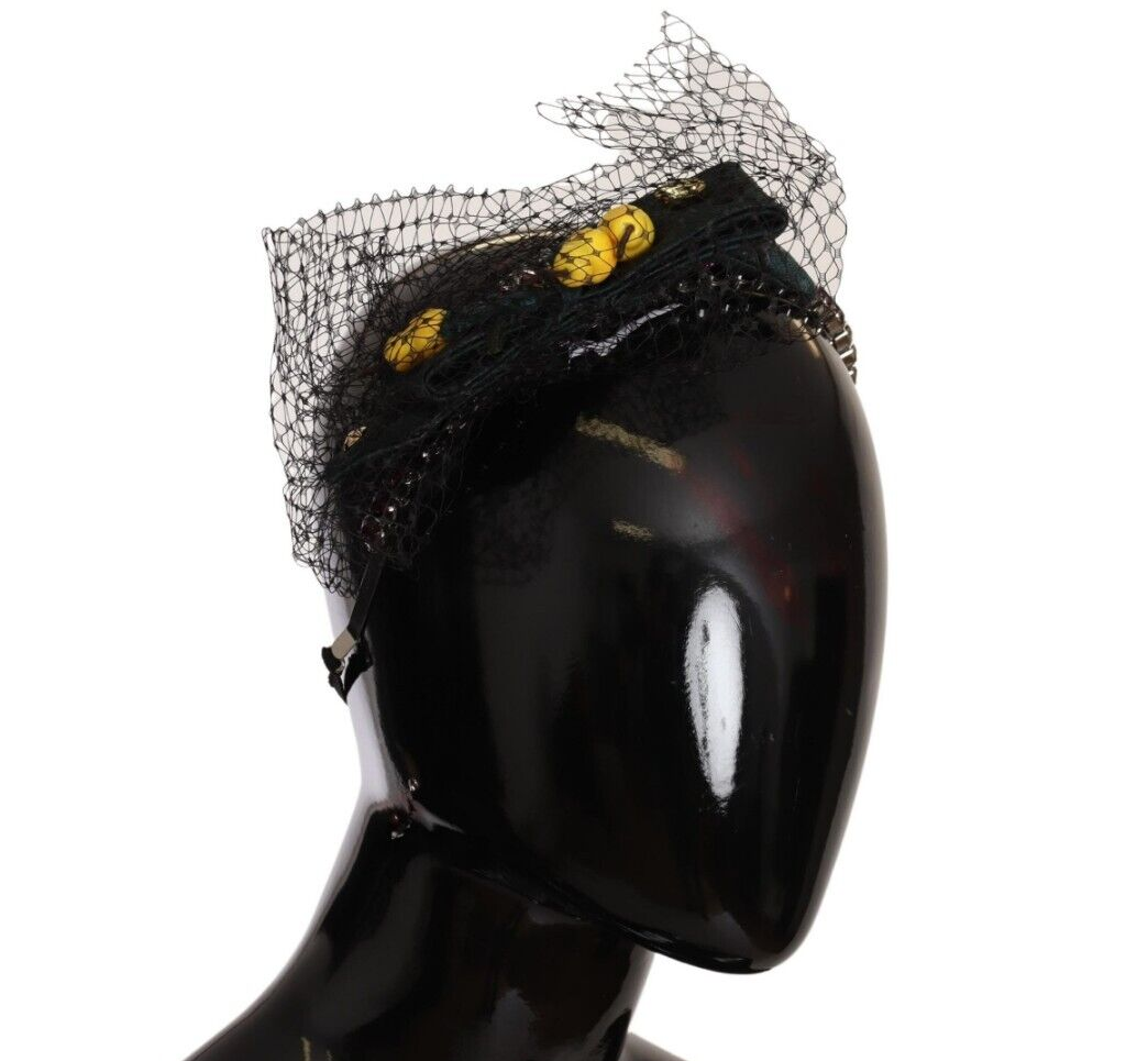 Dolce & Gabbana Silver Tiara Crystals Fruits Black Mesh Diadem Women's Headband