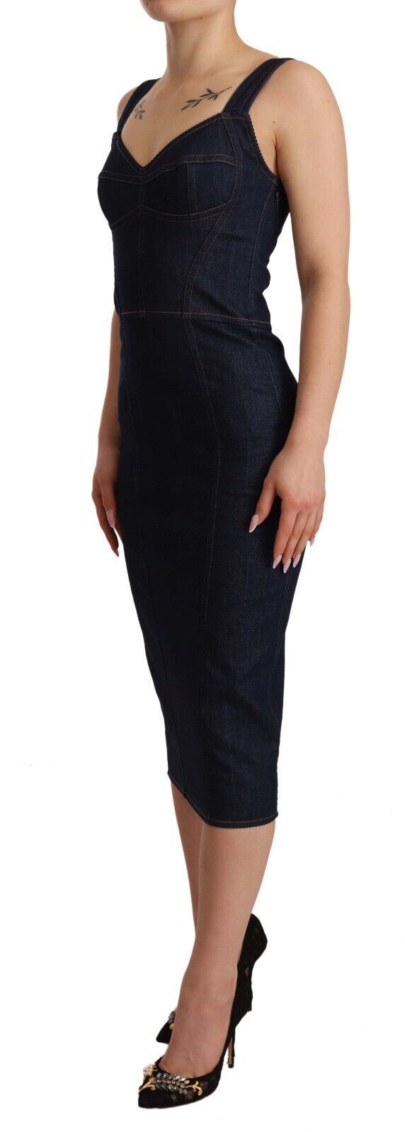 Dolce & Gabbana Dark Blue Cotton Denim Sheath Midi Women's Dress