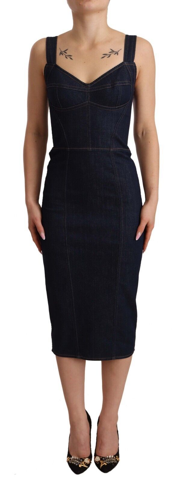 Dolce & Gabbana Dark Blue Cotton Denim Sheath Midi Women's Dress
