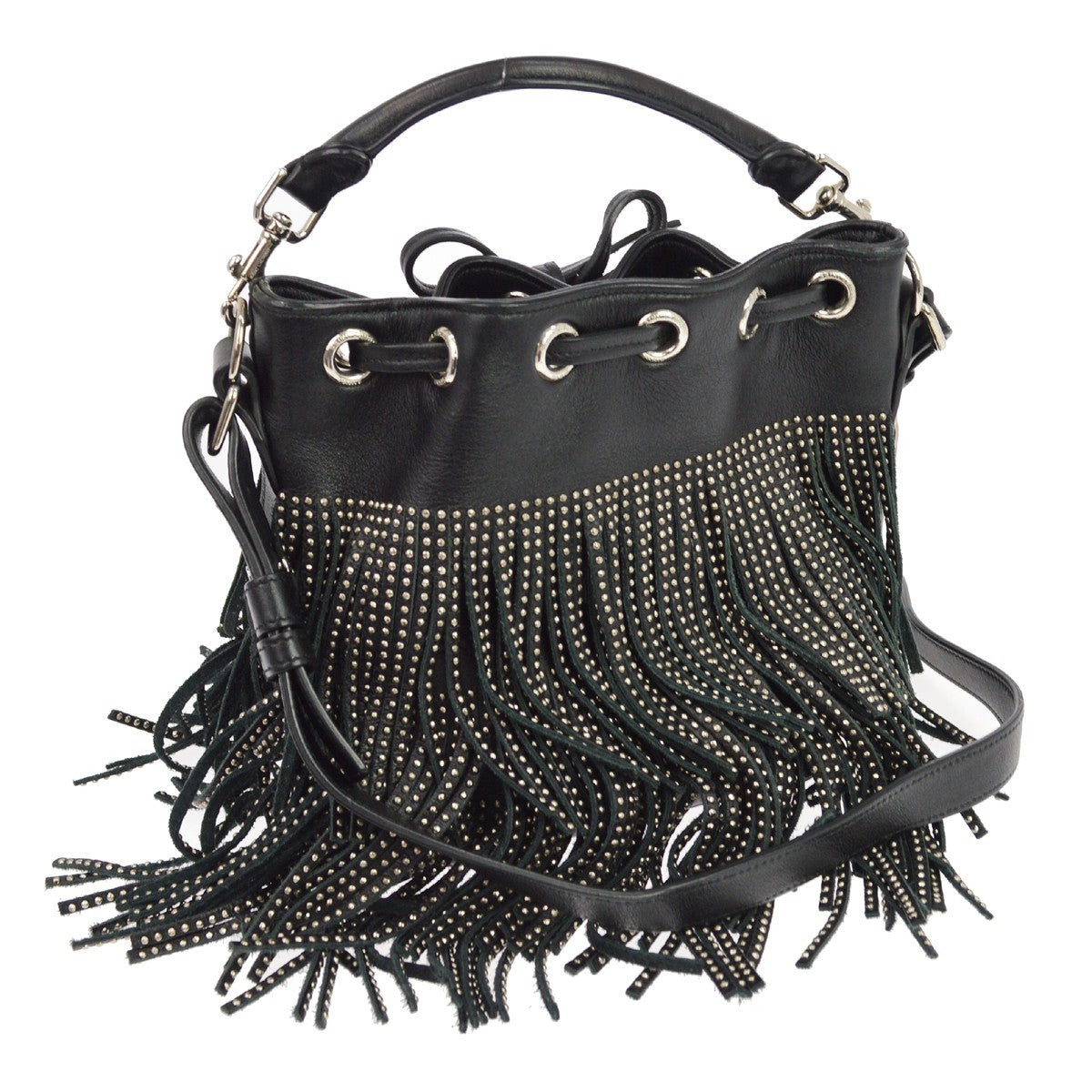 Saint Laurent Fringe Emmanuelle Bucket Studded Leather Black Leather Handbag (Pre-Owned)