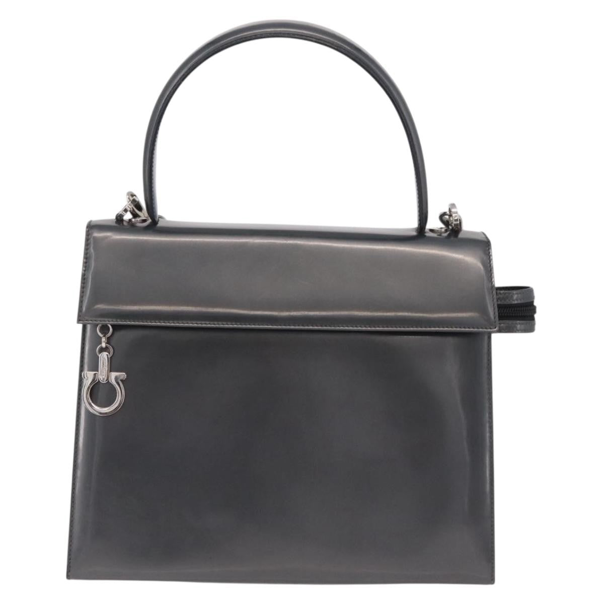 Salvatore Ferragamo Gancini Leather Gray Patent_Leather Handbag (Pre-Owned)