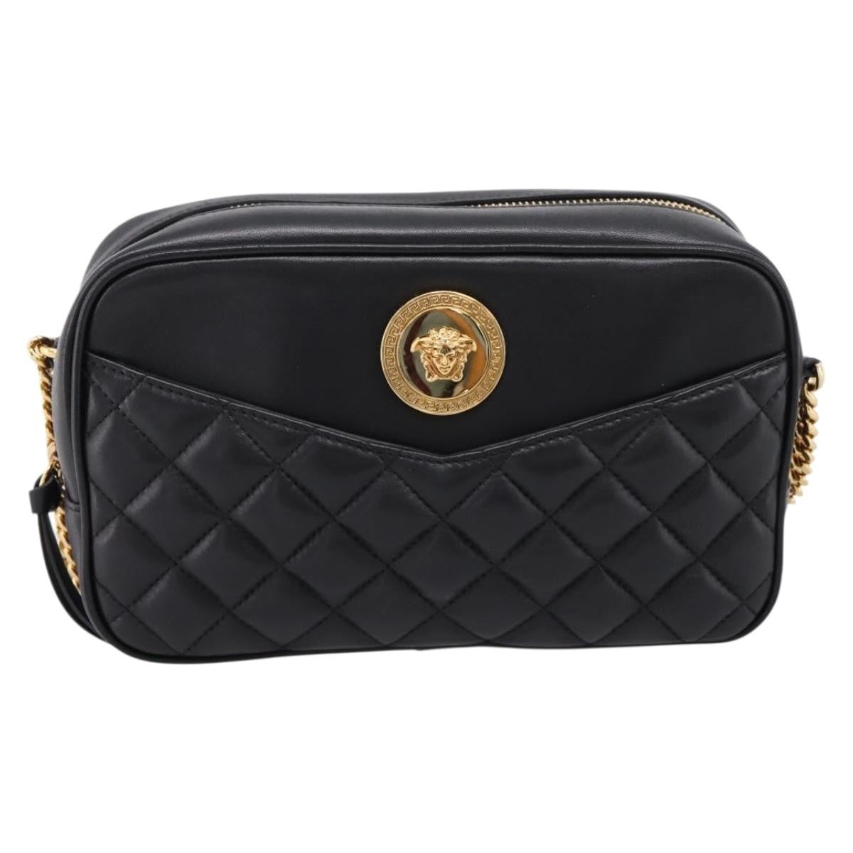 Versace Medusa Icon Front Slip Pocket Camera Quilted Leather Black Leather Handbag (Pre-Owned)