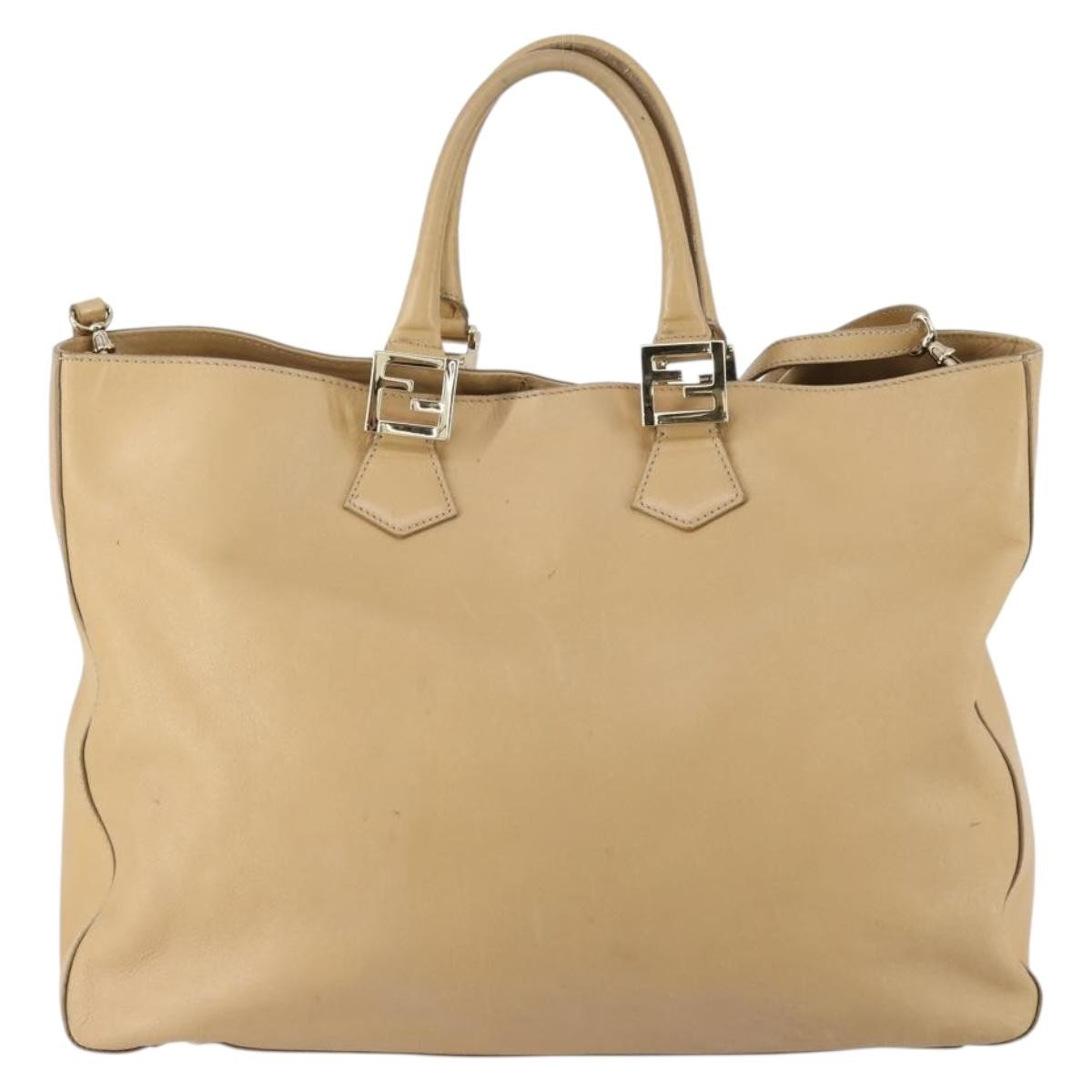 Fendi Twins Tote Leather Beige Leather Tote Bag Bag (Pre-Owned)
