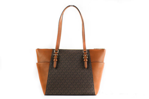 Michael Kors Charlotte Signature Leather Large Top Zip Tote Handbag Bag Women's (Brown)
