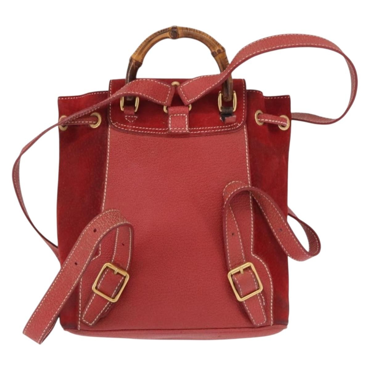 Gucci Vintage Bamboo Leather Red Leather Backpack Bag (Pre-Owned)