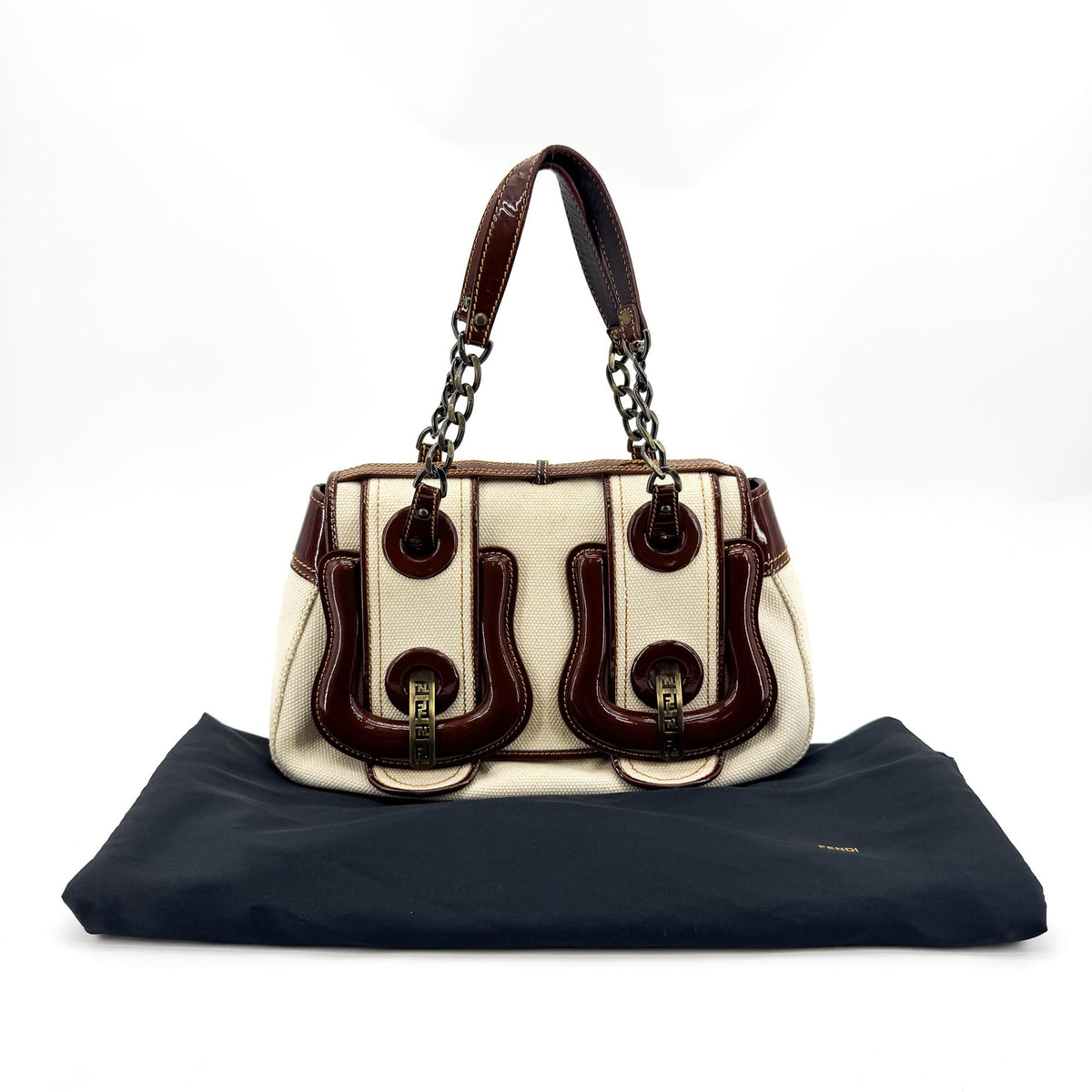 Fendi B. Bag Canvas With Patent Brown Canvas Handbag (Pre-Owned)