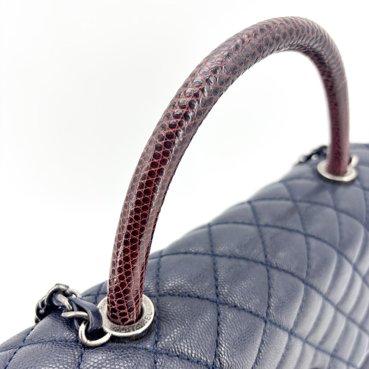 Chanel Coco Top Handle Quilted Caviar With Lizard Navy Leather Handbag (Pre-Owned)