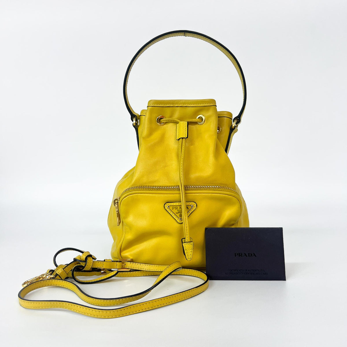 Prada Duet Drawstring Bucket Leather Yellow Leather Handbag (Pre-Owned)