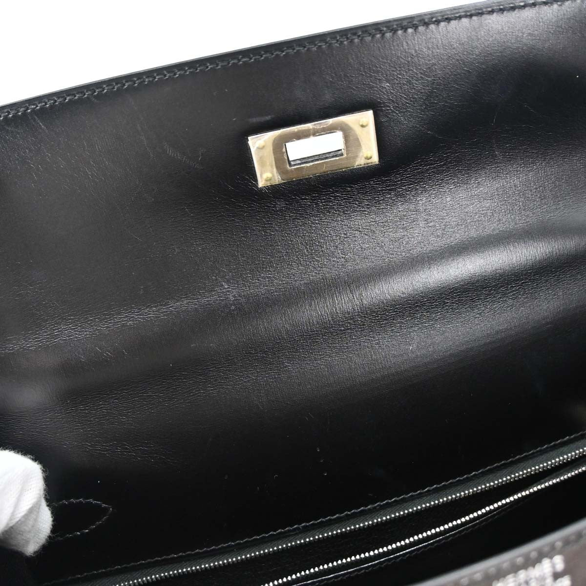 Hermes Kelly Black Box Calf With Palladium Hardware Black Leather Handbag (Pre-Owned)