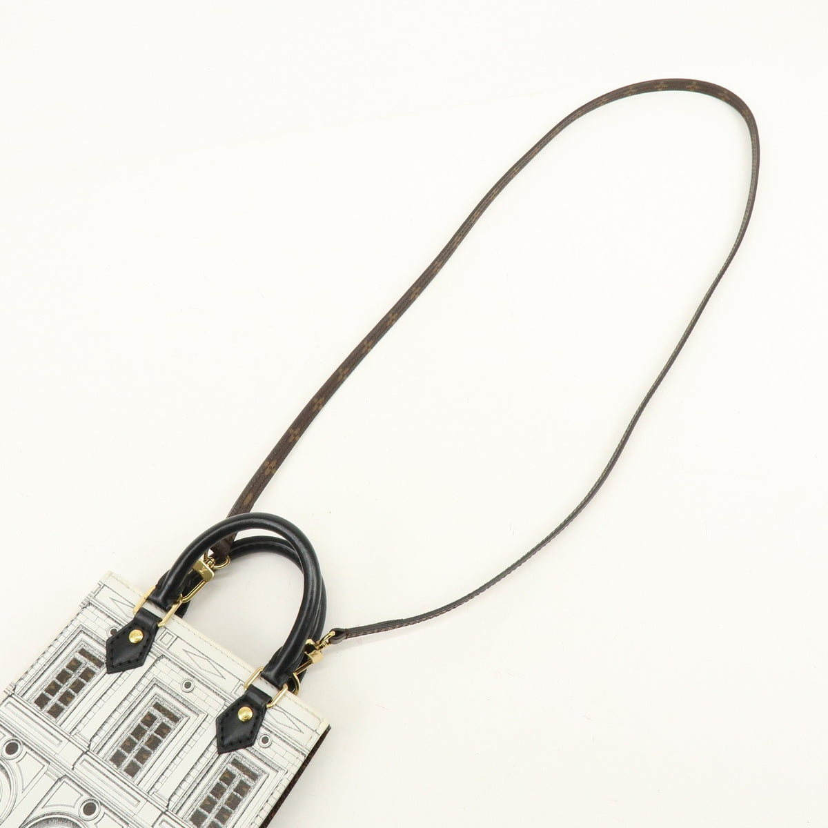 Louis Vuitton Petit Sac Plat Limited Edition Fornasetti Architettura Print Leather And Monogram Canvas White Canvas Handbag (Pre-Owned)