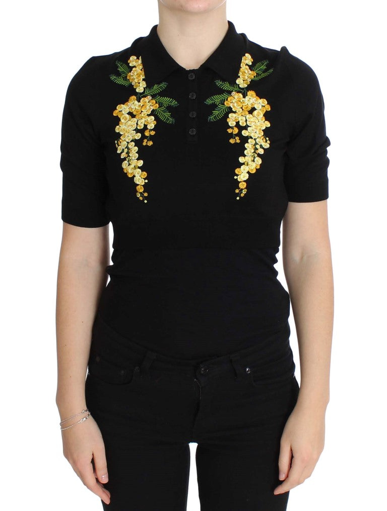 Dolce & Gabbana Black Silk Floral Embroidered Polo Women's Top