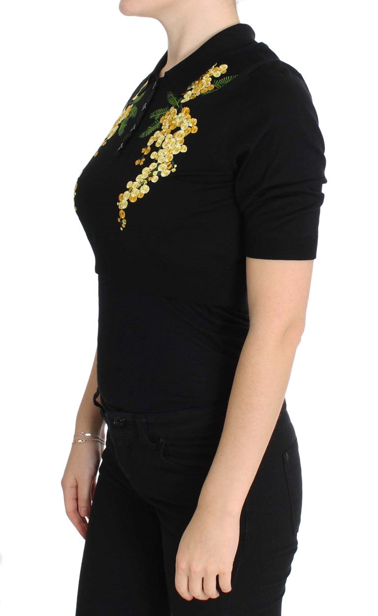 Dolce & Gabbana Black Silk Floral Embroidered Polo Women's Top