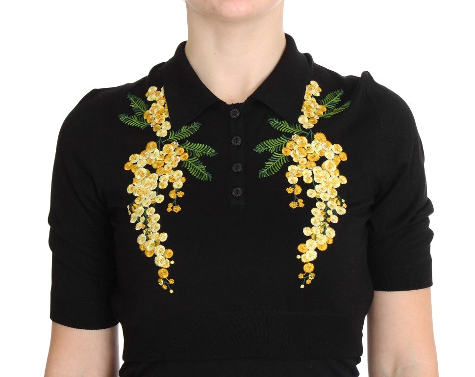 Dolce & Gabbana Black Silk Floral Embroidered Polo Women's Top