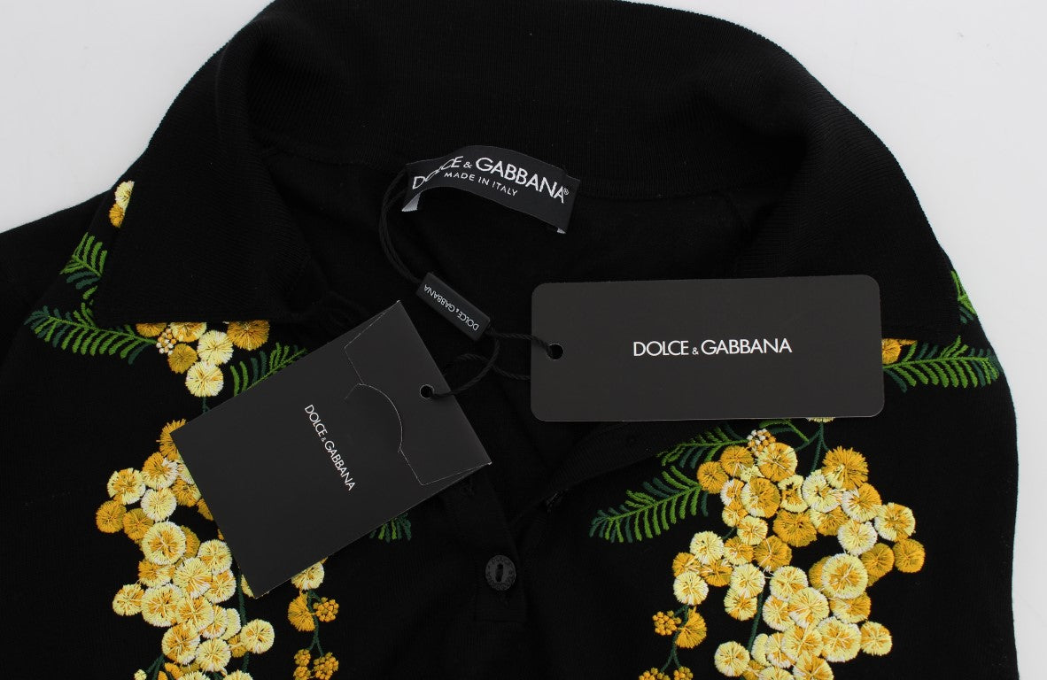 Dolce & Gabbana Black Silk Floral Embroidered Polo Women's Top