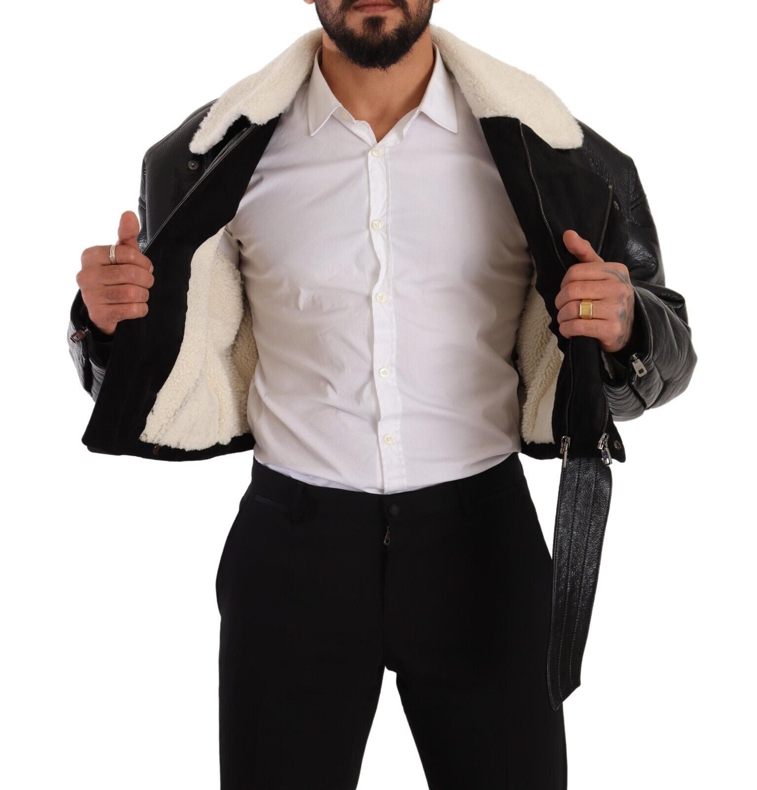 Dolce & Gabbana Black Leather Shearling Biker Coat Men's Jacket